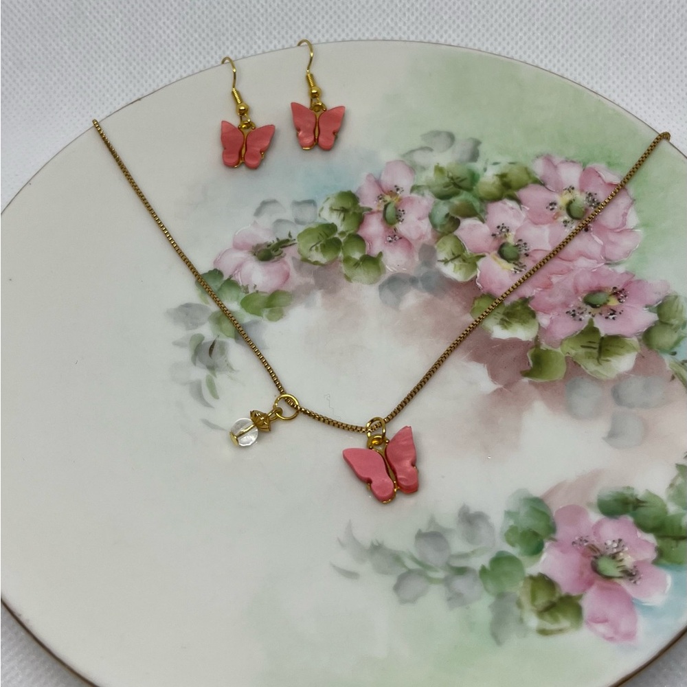 Pink Butterfly Earring and Necklace Set